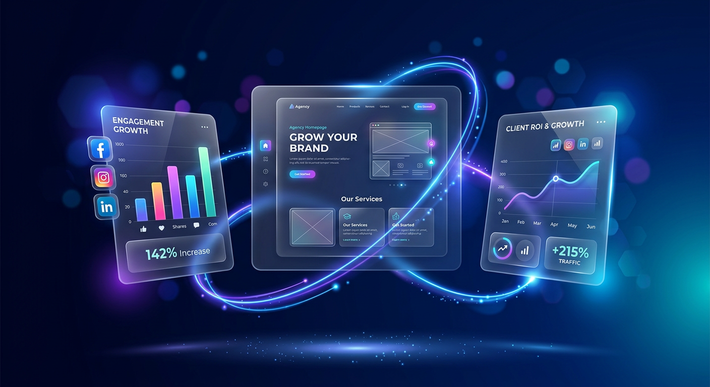 Social media advertising and website design dashboard illustration