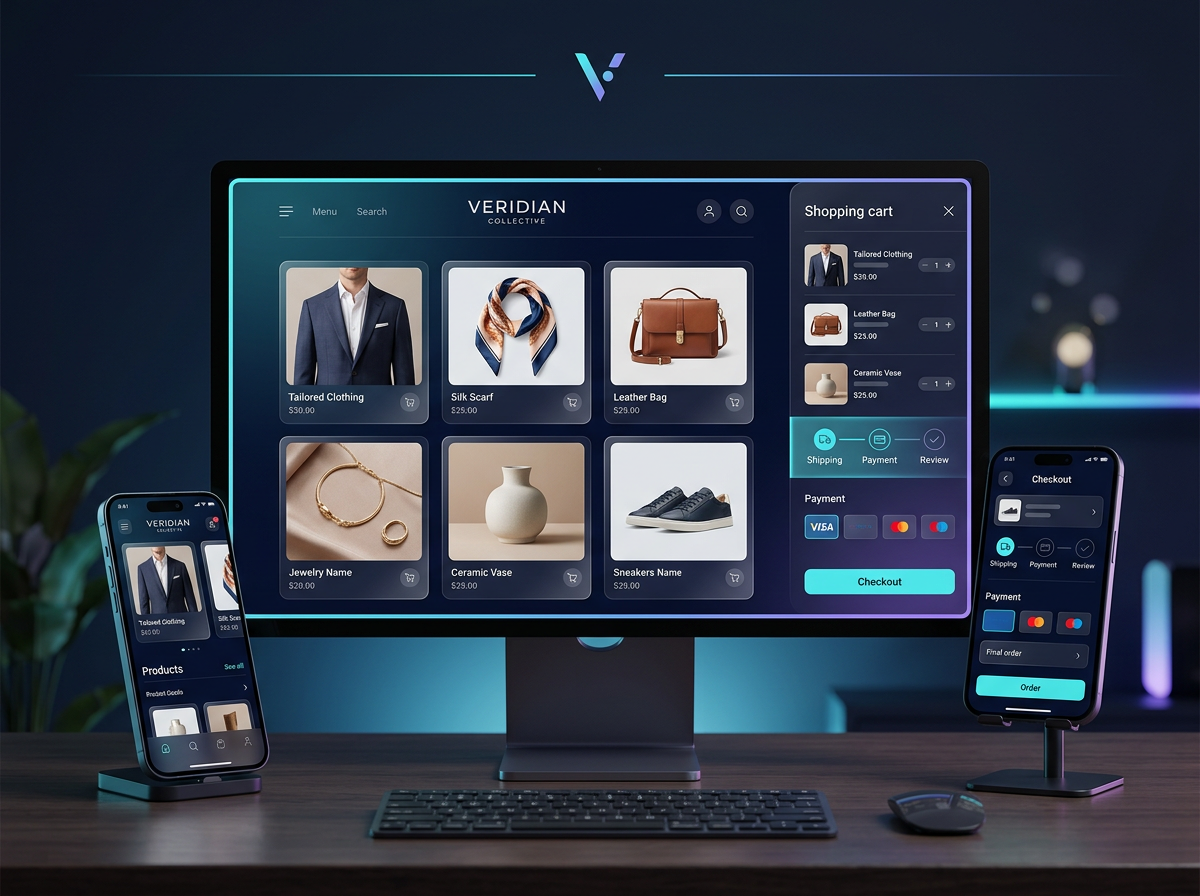 Online store demo showing product browsing, cart, delivery and checkout